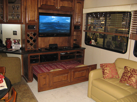 Pull out sleeper entertainment center in a houseboat